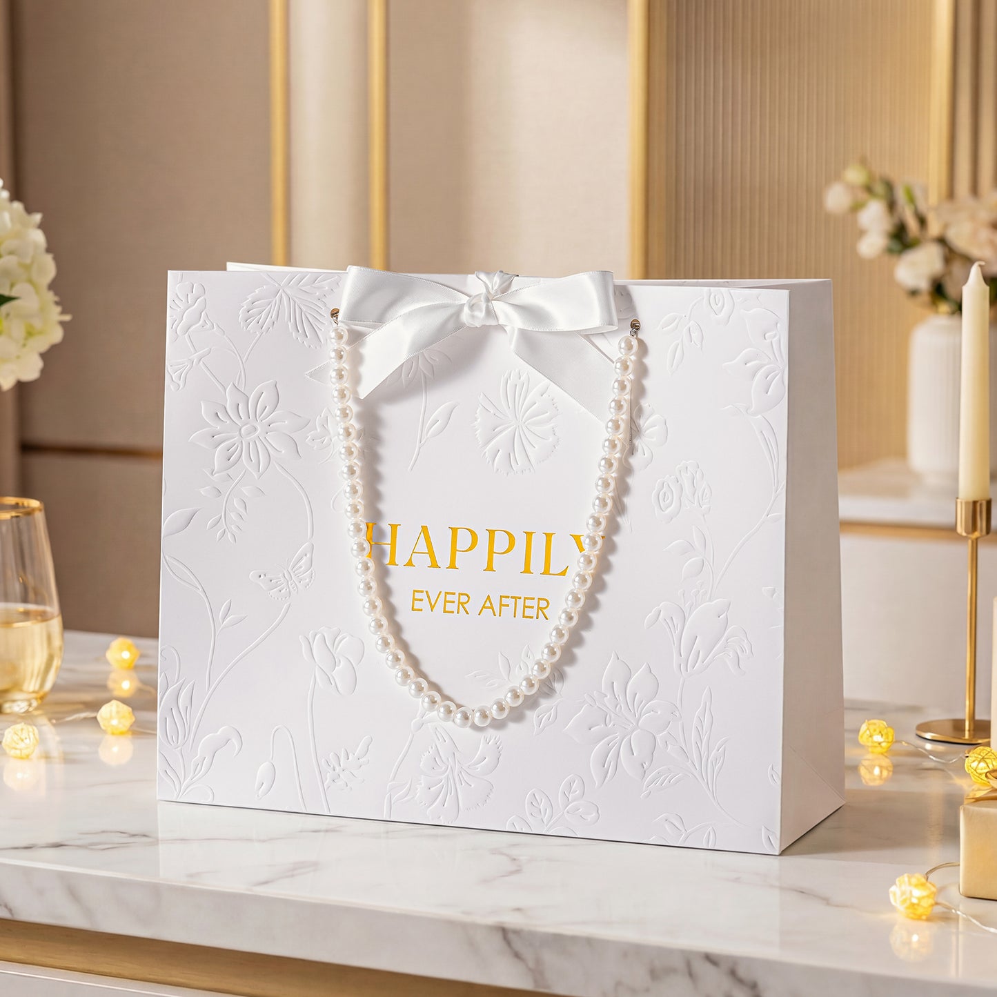 Crisky 13" Embossed Wedding Gift Bag with Pearl Handles, Large Bridal Shower Gift Bag with Greeting Card Tissue Paper Envelopes (Happily Ever After) for Bride, Women, Friends Engagement Party