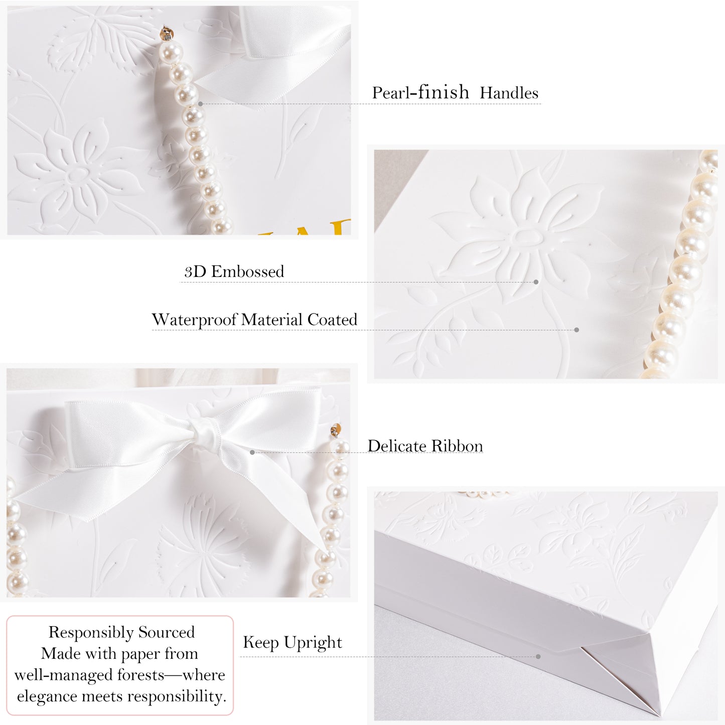 Crisky 13" Embossed Wedding Gift Bag with Pearl Handles, Large Bridal Shower Gift Bag with Greeting Card Tissue Paper Envelopes (Happily Ever After) for Bride, Women, Friends Engagement Party