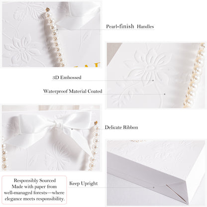 Crisky 13" Embossed Wedding Gift Bag with Pearl Handles, Large Bridal Shower Gift Bag with Greeting Card Tissue Paper Envelopes (Happily Ever After) for Bride, Women, Friends Engagement Party