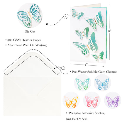 Crisky 25PCS 5 Ast Laser Die-cut Watercolor Butterflies Thank You Cards with Envelopes & Stickers Greeting Cards Bulk for Birthday, Baby Shower,Bridal Shower, Wedding, Graduation