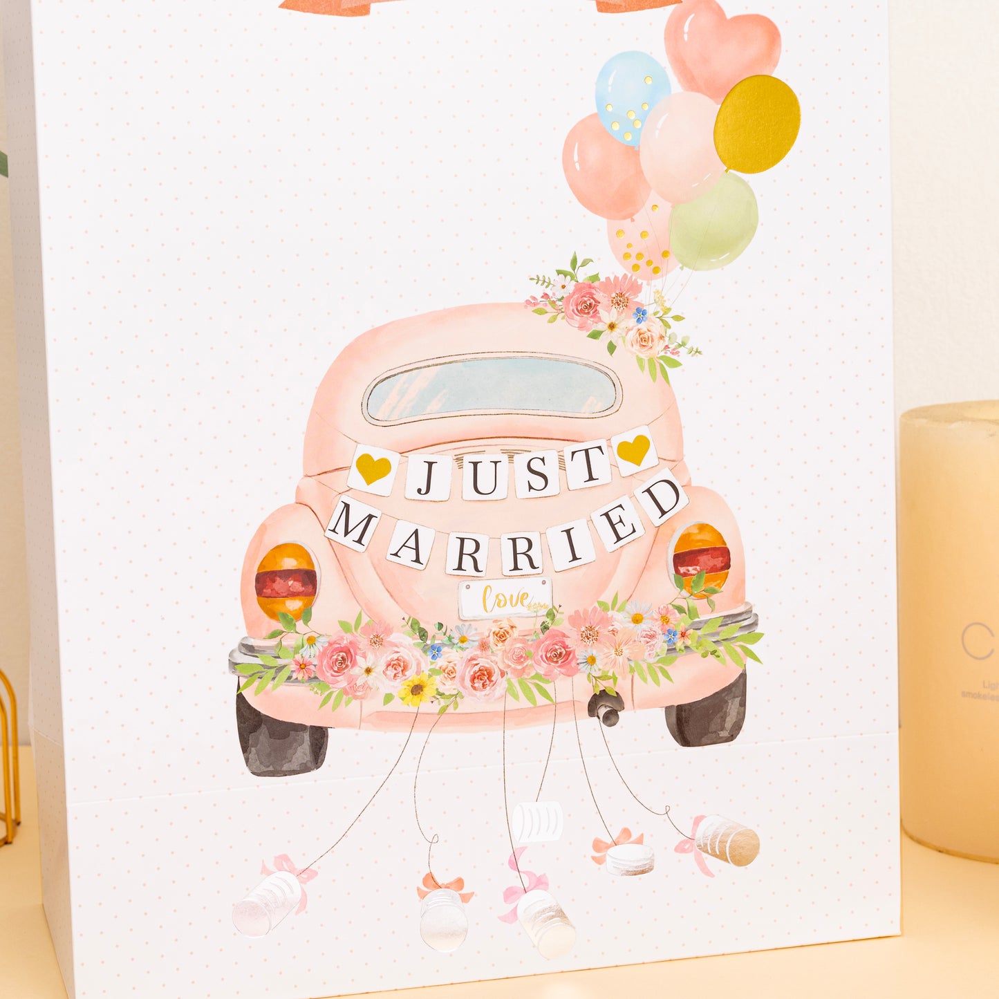 Crisky 13" Wedding Gift Bag with Tissue Paper and Congratulations Wedding Card for Bride and Groom (Just Married), Pink Car Floral Gift Bags for Newlywed