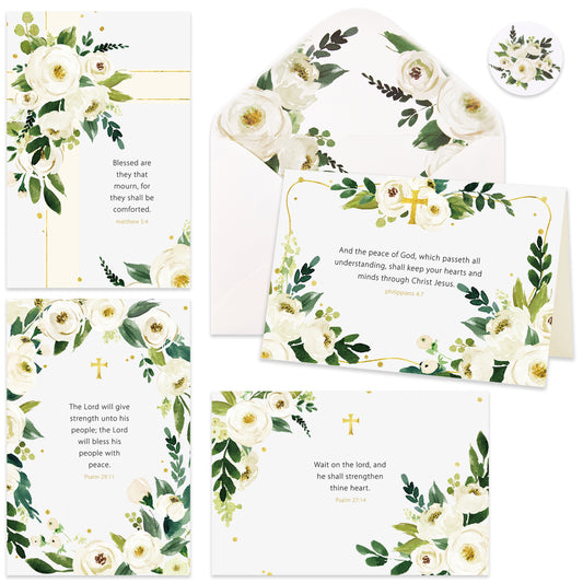 Crisky 25 Pack Religious Sympathy Cards with Scripture Watercolor White Flower with Envelope & Sticker, 4 Assortment (God's Comfort and Bless)