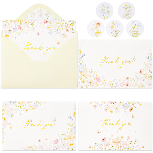 Crisky Floral 4 Assorted Thank You Cards (50 Pack) with Envelopes & Stickers Greeting Cards Bulk, Watercolor Delicate Wildflower for Birthday, Baby Shower, Wedding, Graduation