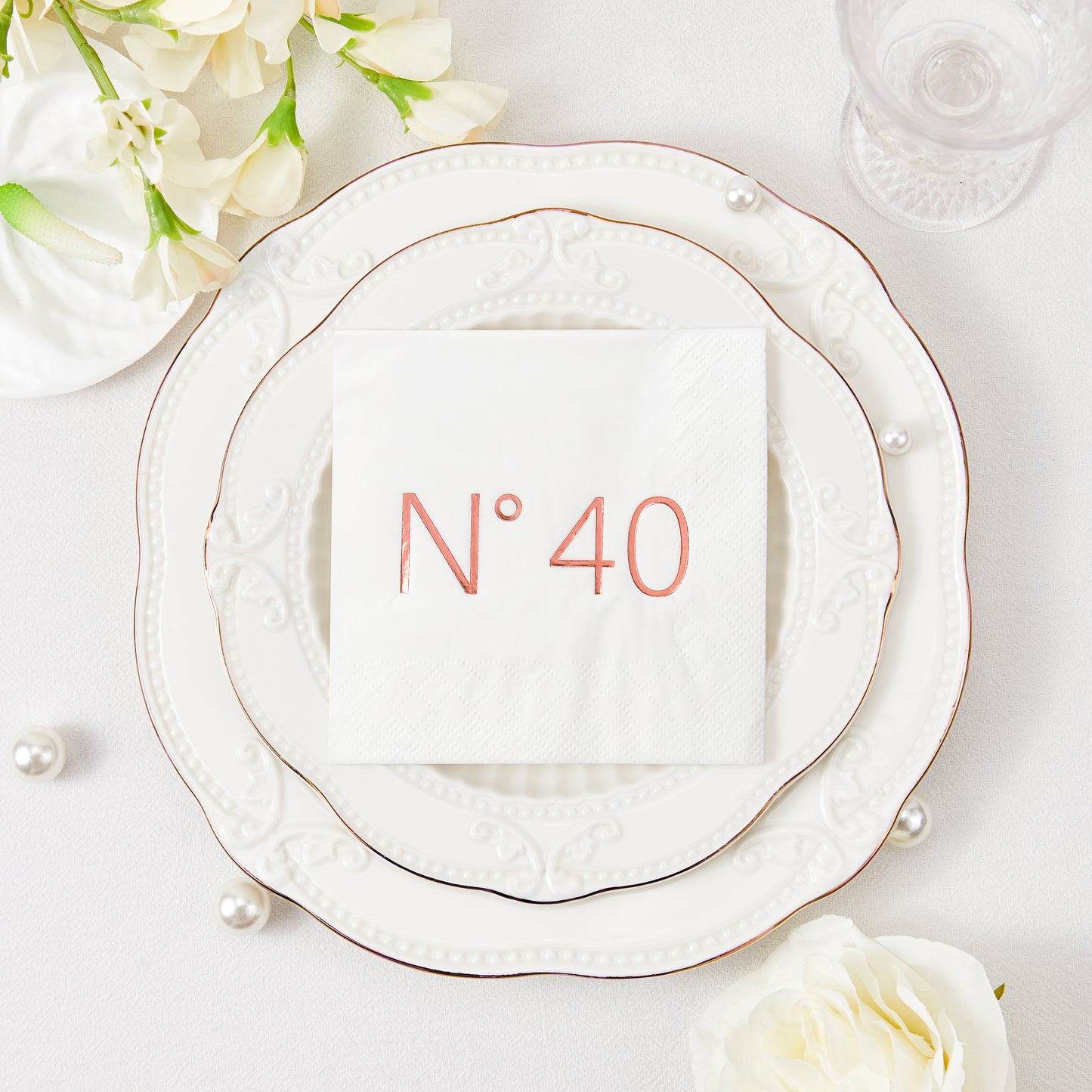 Crisky 50 Pcs N40 Rose Gold Foil Cocktail Happy 40th Birthday Disposable Paper Napkins for 40th Birthday Party Decoration, 3-Ply