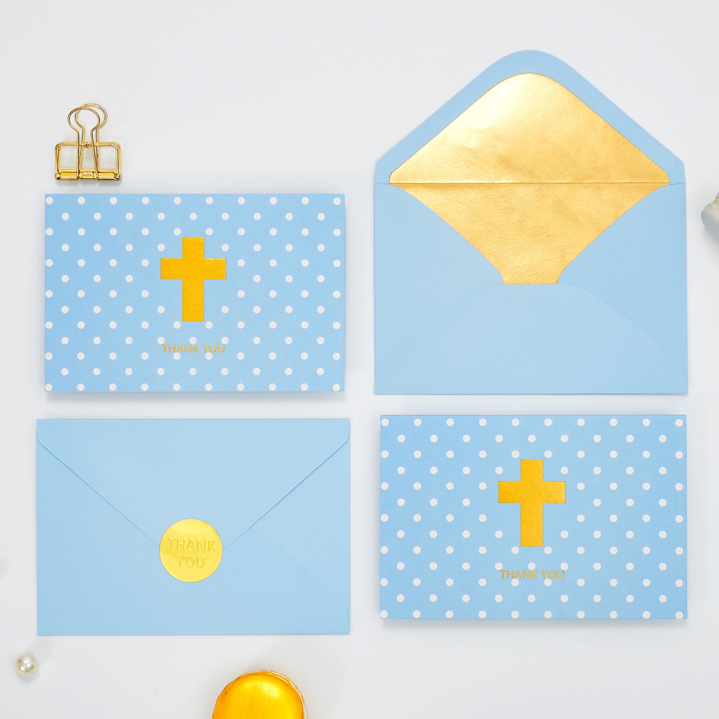 Crisky Boy Baptism Thank You Cards with Envelopes, Christian Cross Thank You Cards Baby Shower, Religious Thank You Cards, 50 pack Blue Gold Foil for Baptism, Wedding, Funeral, Bridal Shower