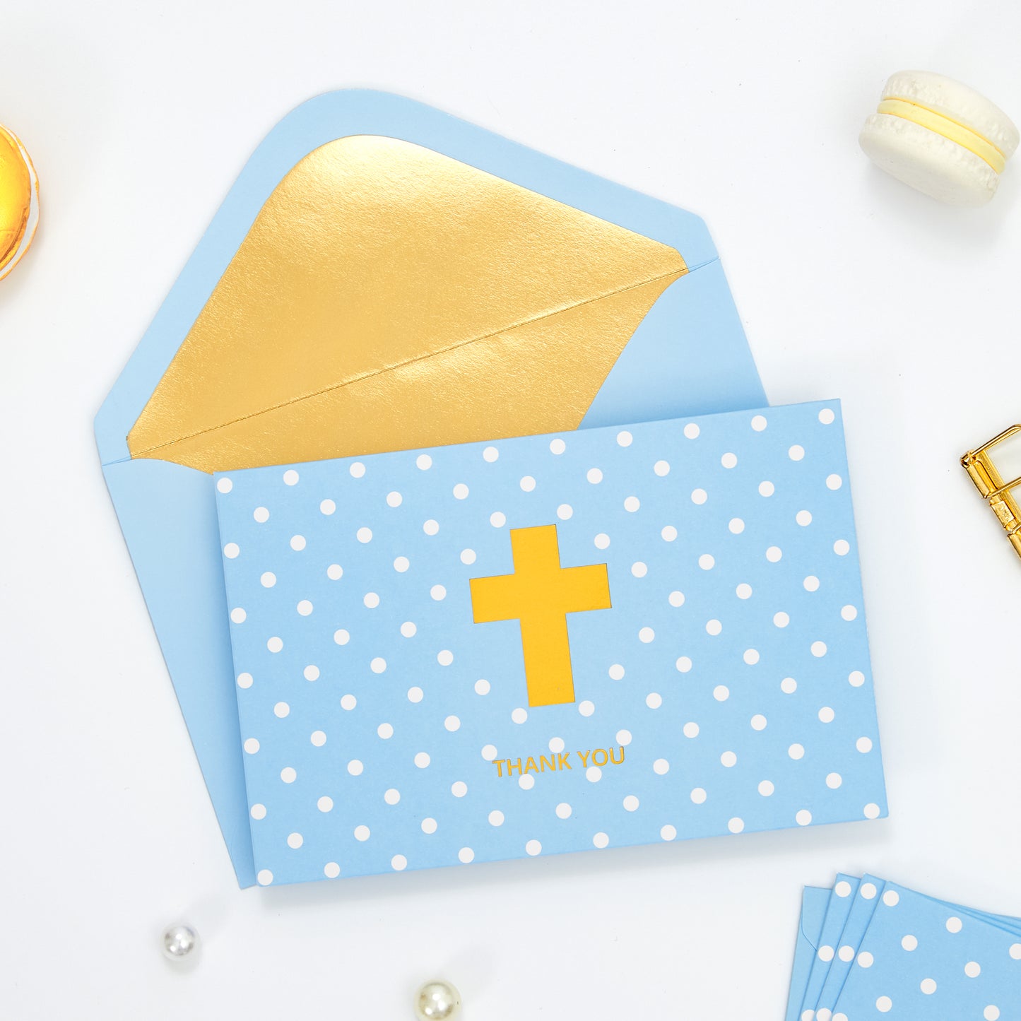 Crisky Boy Baptism Thank You Cards with Envelopes, Christian Cross Thank You Cards Baby Shower, Religious Thank You Cards, 50 pack Blue Gold Foil for Baptism, Wedding, Funeral, Bridal Shower