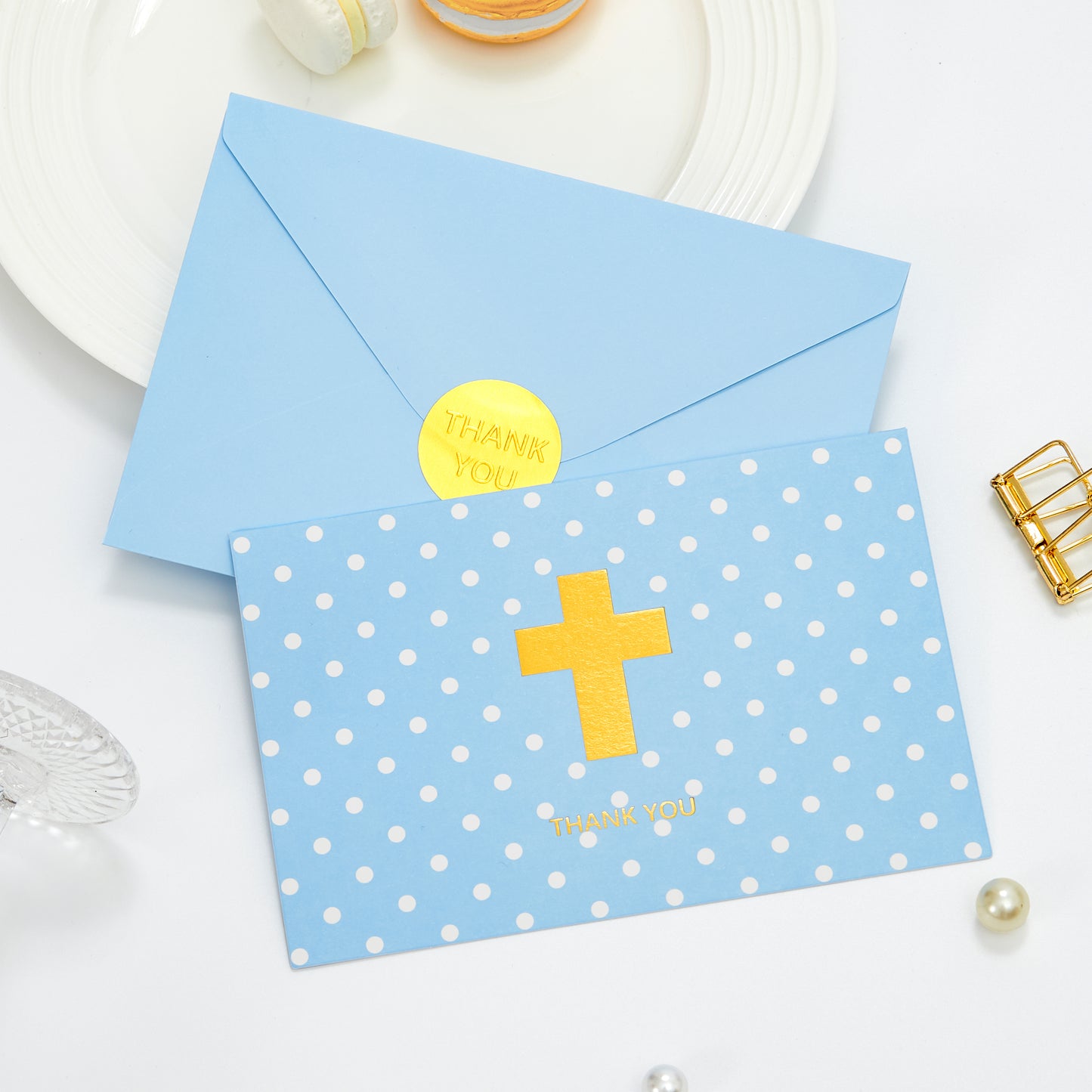 Crisky Boy Baptism Thank You Cards with Envelopes, Christian Cross Thank You Cards Baby Shower, Religious Thank You Cards, 50 pack Blue Gold Foil for Baptism, Wedding, Funeral, Bridal Shower