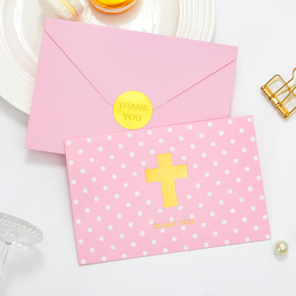 Crisky Girl Baptism Thank You Cards with Envelopes, Christian Cross Thank You Cards Baby Shower, Religious Thank You Cards, 50 pack Pink Gold Foil for Baptism, Wedding, Funeral, Bridal Shower