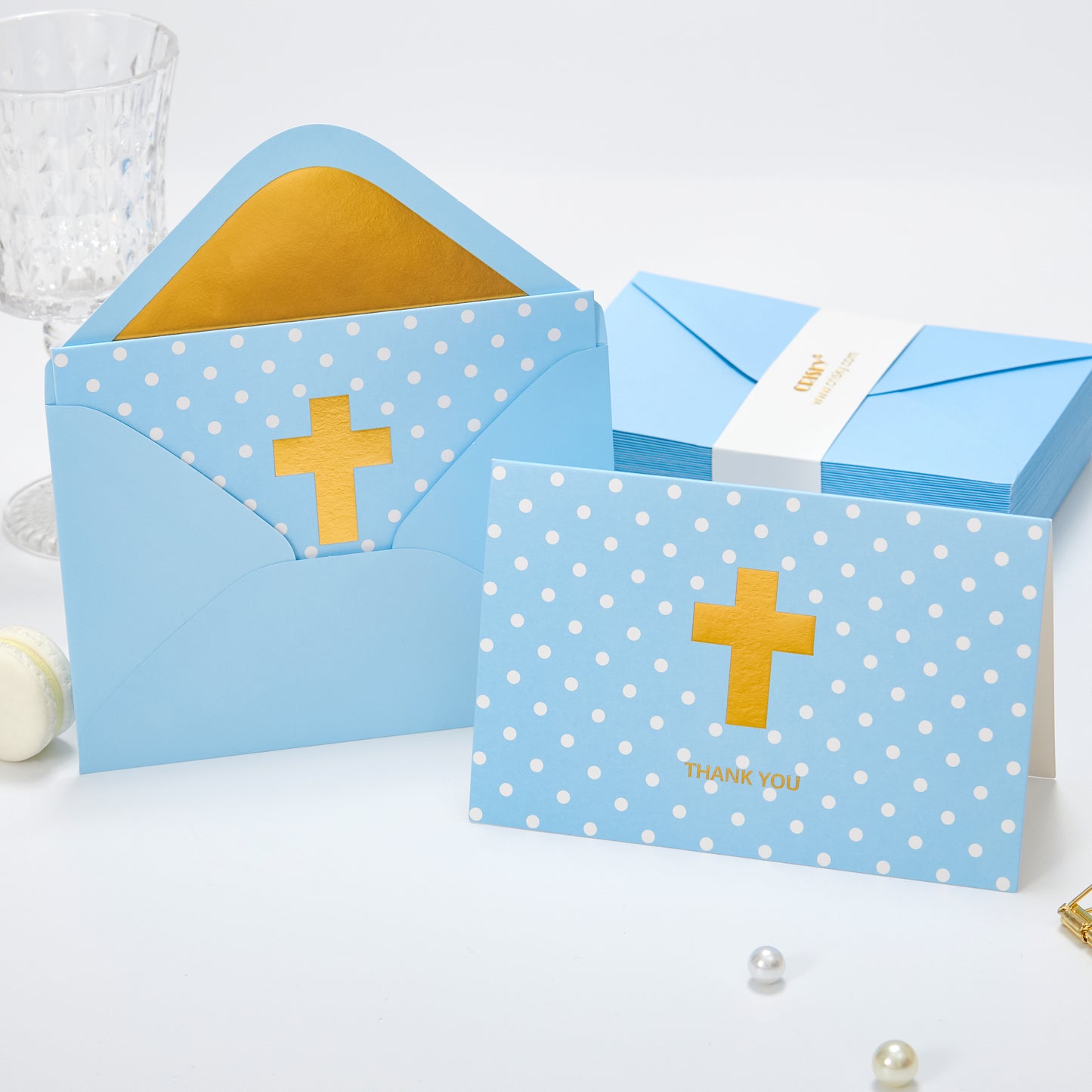 Crisky Boy Baptism Thank You Cards with Envelopes, Christian Cross Thank You Cards Baby Shower, Religious Thank You Cards, 50 pack Blue Gold Foil for Baptism, Wedding, Funeral, Bridal Shower