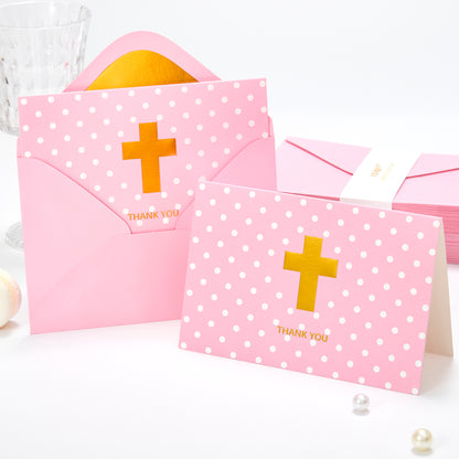 Crisky Girl Baptism Thank You Cards with Envelopes, Christian Cross Thank You Cards Baby Shower, Religious Thank You Cards, 50 pack Pink Gold Foil for Baptism, Wedding, Funeral, Bridal Shower