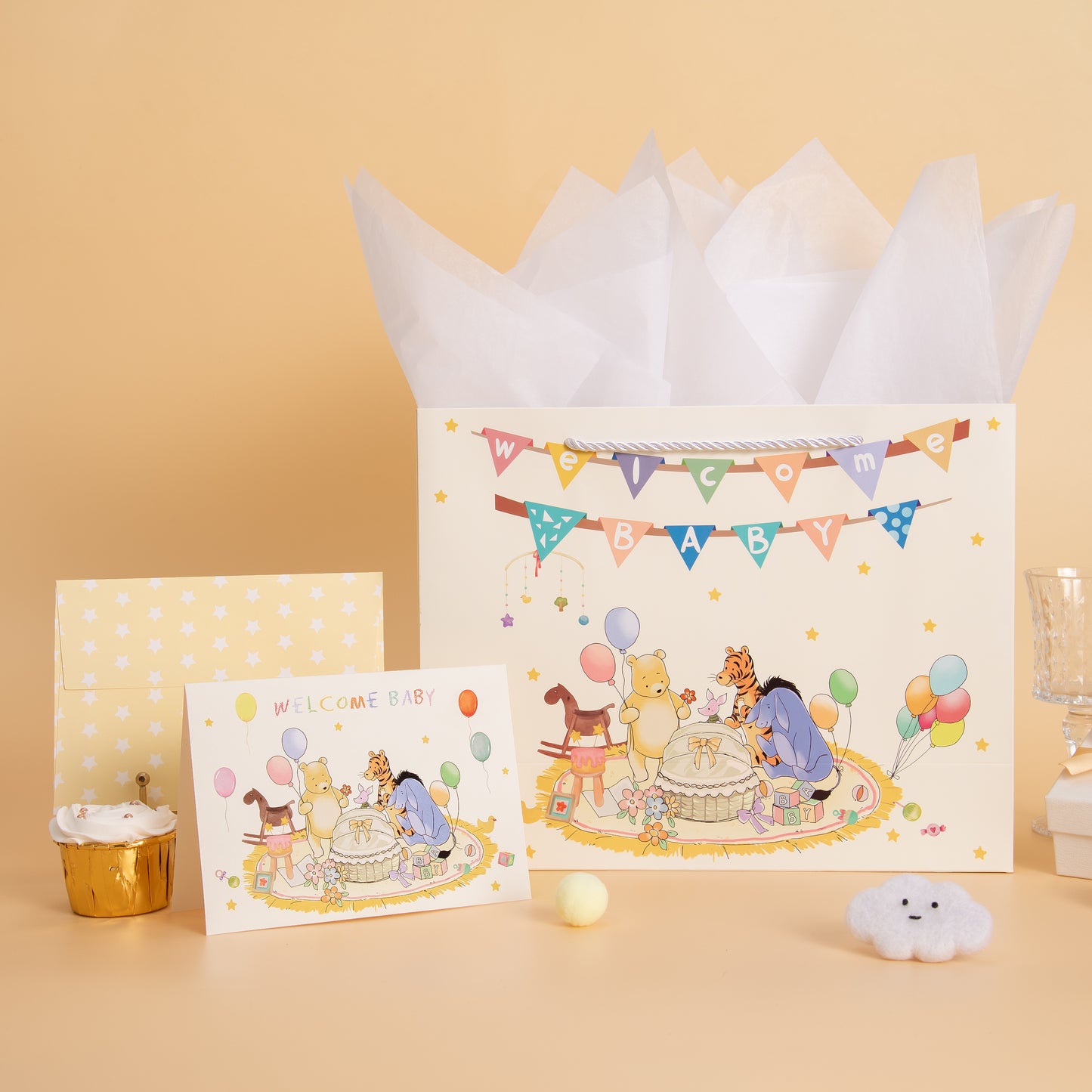 Crisky 13" Large Winnie Gift Bags with Tissue Paper and Greeting Card for Baby Shower Kids Boy and Girl Birthday Parties