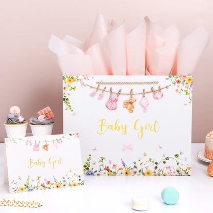 Crisky 13" Large Baby Shower Gift Bag with Tissue Paper, Gift Card and Bow for Baby Shower Decorations for Girl Kids Birthday Party(Features a Babysuit Banner and Pink Bow)