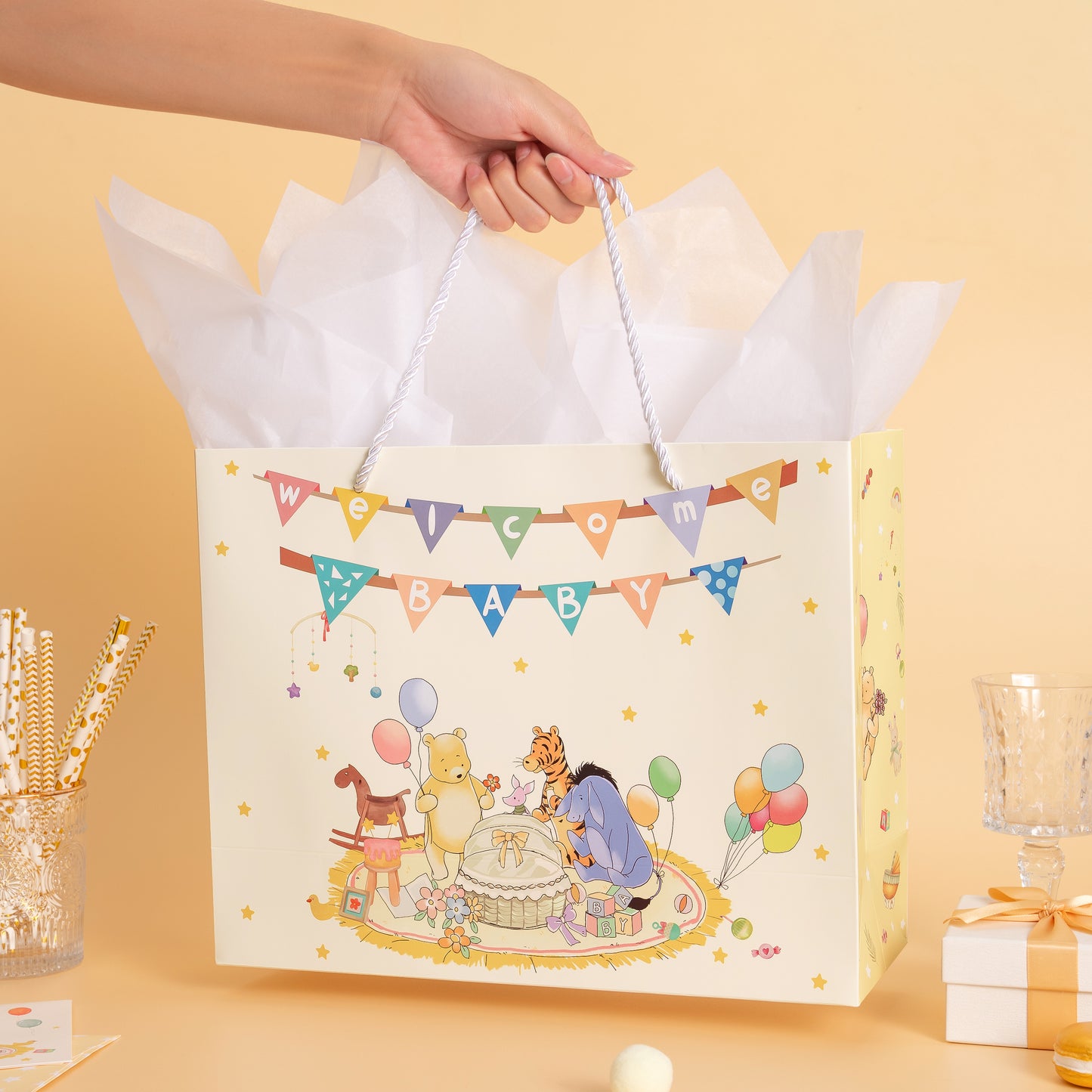 Crisky 13" Large Winnie Gift Bags with Tissue Paper and Greeting Card for Baby Shower Kids Boy and Girl Birthday Parties