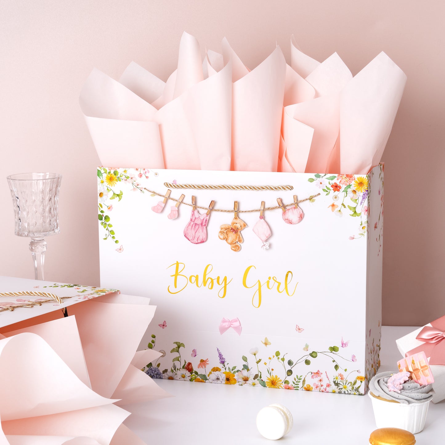 Crisky 13" Large Baby Shower Gift Bag with Tissue Paper, Gift Card and Bow for Baby Shower Decorations for Girl Kids Birthday Party(Features a Babysuit Banner and Pink Bow)