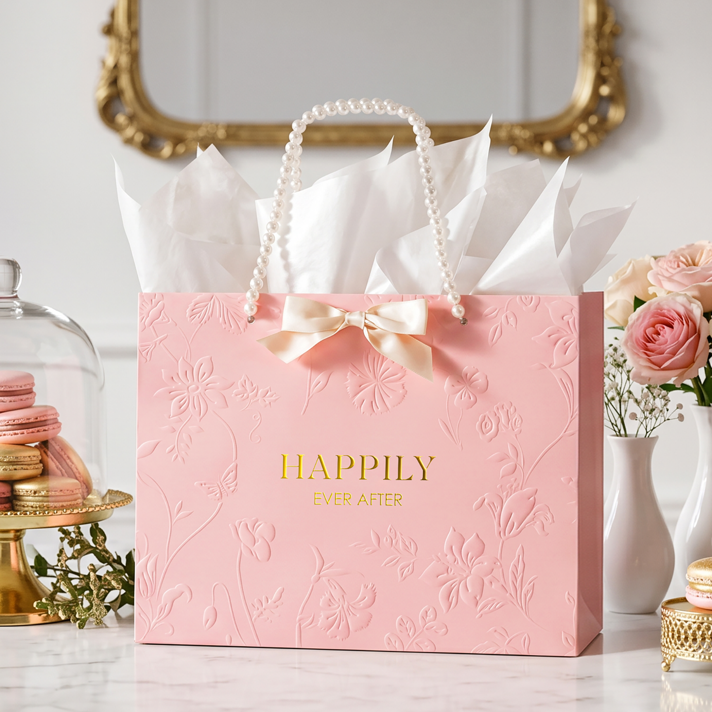 Crisky 13" Embossed Wedding Gift Bag with Pearl Handles, Large Pink Bridal Shower Gift Bag with Greeting Card Tissue Paper Envelopes (Happily Ever After) for Bride, Women, Friends Engagement Party