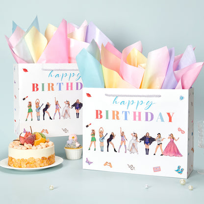 Crisky Large Happy Birthday Gift Bags for Women with Tissue Paper and Card, Music Lovers, Pop Singer Birthday Gift Bag with Handles for Party Decorations Supplies, 13"
