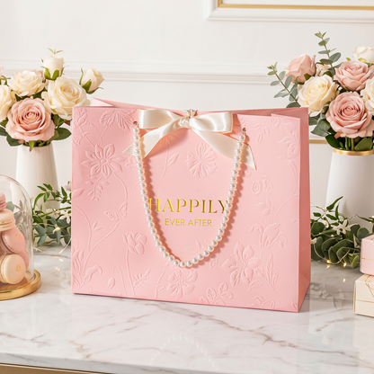 Crisky 13" Embossed Wedding Gift Bag with Pearl Handles, Large Pink Bridal Shower Gift Bag with Greeting Card Tissue Paper Envelopes (Happily Ever After) for Bride, Women, Friends Engagement Party