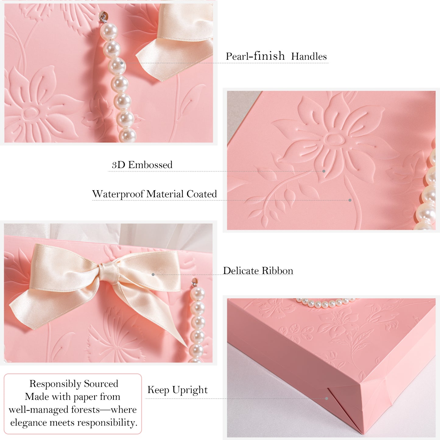 Crisky 13" Embossed Wedding Gift Bag with Pearl Handles, Large Pink Bridal Shower Gift Bag with Greeting Card Tissue Paper Envelopes (Happily Ever After) for Bride, Women, Friends Engagement Party