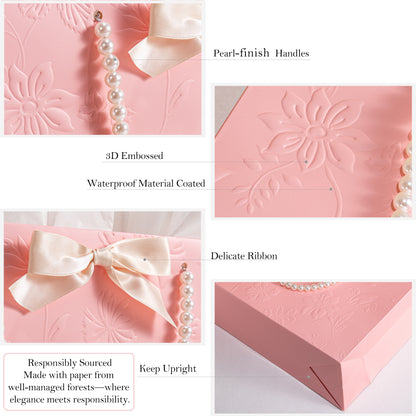 Crisky 13" Embossed Wedding Gift Bag with Pearl Handles, Large Pink Bridal Shower Gift Bag with Greeting Card Tissue Paper Envelopes (Happily Ever After) for Bride, Women, Friends Engagement Party