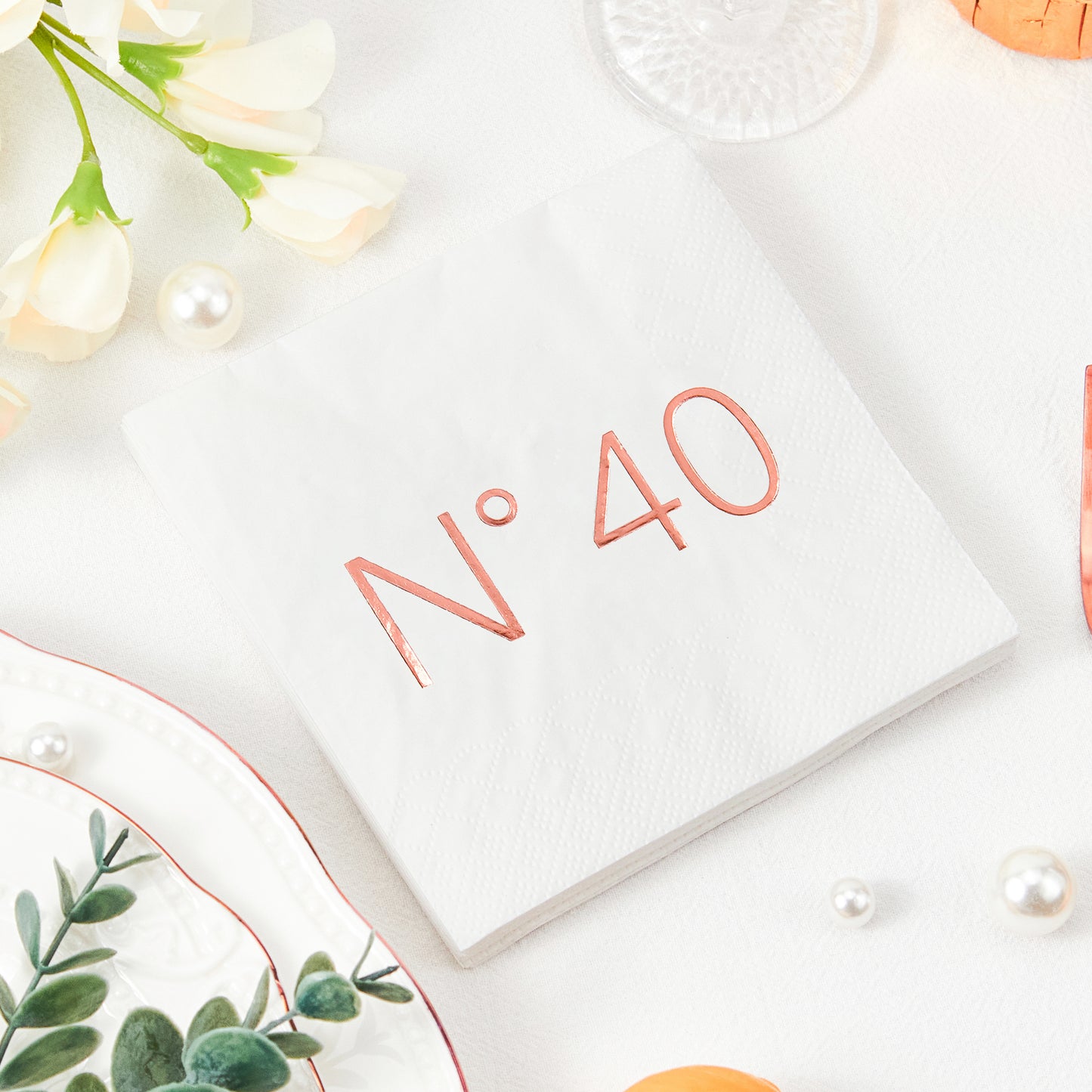 Crisky 50 Pcs N40 Rose Gold Foil Cocktail Happy 40th Birthday Disposable Paper Napkins for 40th Birthday Party Decoration, 3-Ply