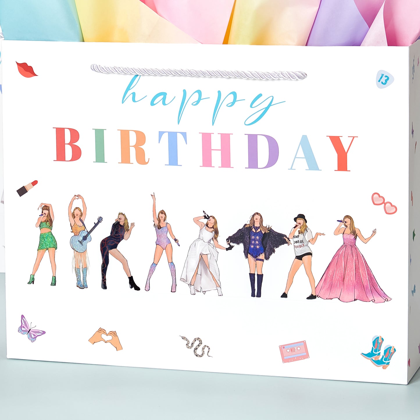 Crisky Large Happy Birthday Gift Bags for Women with Tissue Paper and Card, Music Lovers, Pop Singer Birthday Gift Bag with Handles for Party Decorations Supplies, 13"