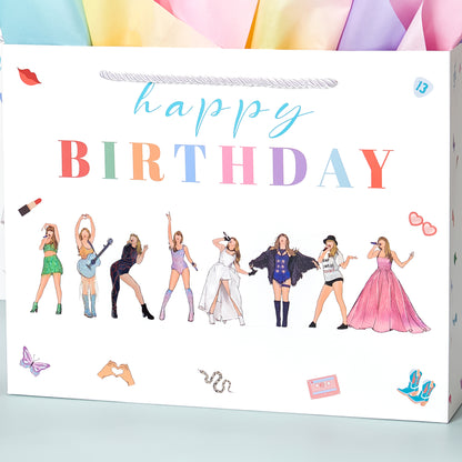 Crisky Large Happy Birthday Gift Bags for Women with Tissue Paper and Card, Music Lovers, Pop Singer Birthday Gift Bag with Handles for Party Decorations Supplies, 13"