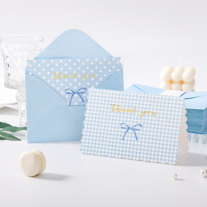Crisky Thank You Cards with Envelopes,50 Pack Blue Thank You Cards Bulk Bow Style for Baby Shower, Birthday, Wedding Decoration Party Favors