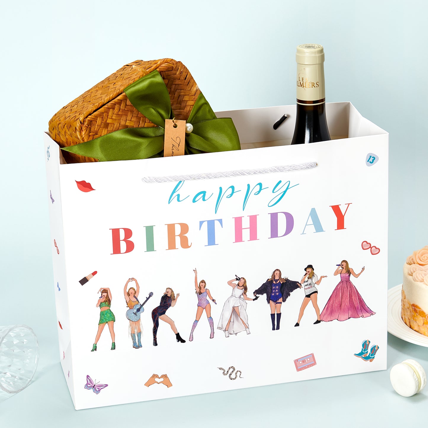 Crisky Large Happy Birthday Gift Bags for Women with Tissue Paper and Card, Music Lovers, Pop Singer Birthday Gift Bag with Handles for Party Decorations Supplies, 13"