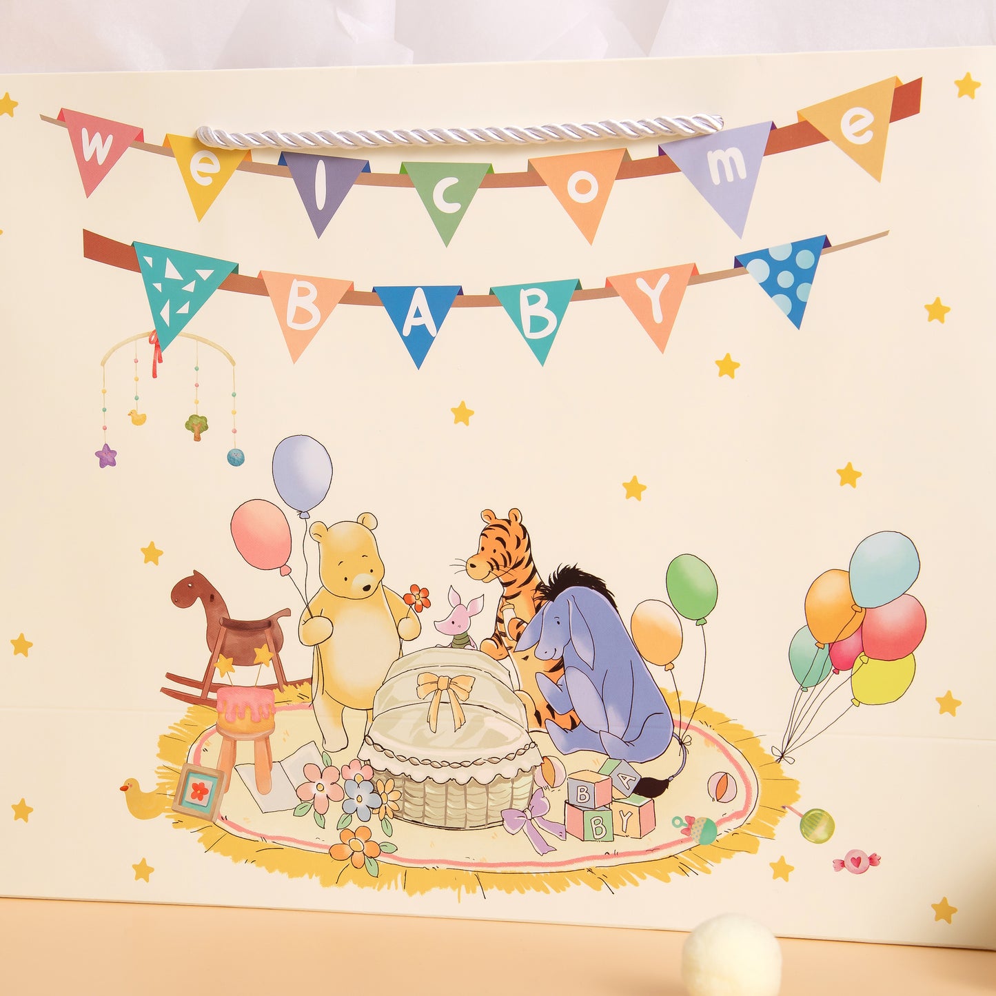 Crisky 13" Large Winnie Gift Bags with Tissue Paper and Greeting Card for Baby Shower Kids Boy and Girl Birthday Parties