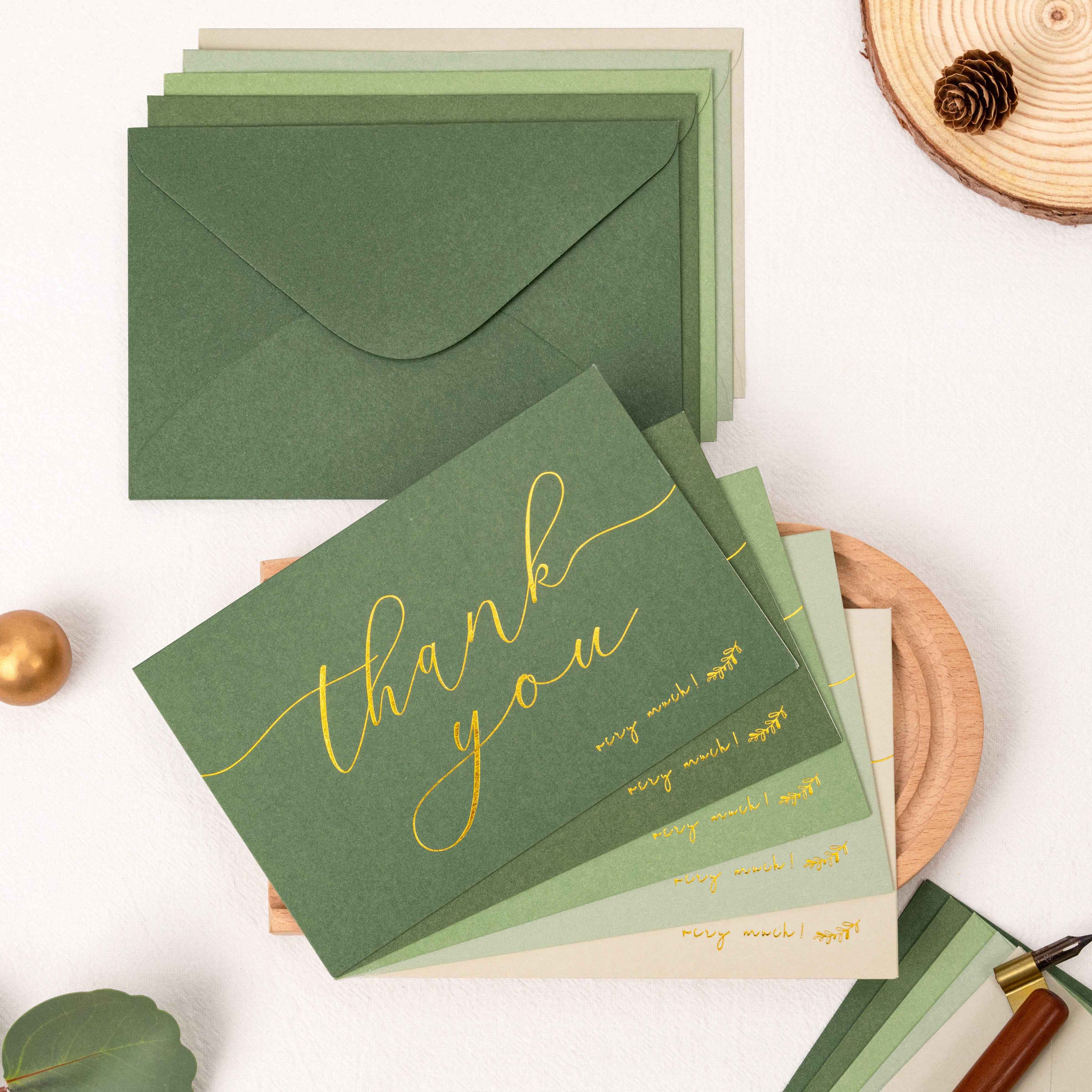 Sage Green Thank You Cards - 100 Pack With Envelopes & Gift Box, Gold Foil Greenery Design