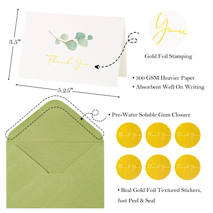 Crisky 100 PK Greenery Thank You Cards with Envelopes Bulk - 5 x 3.5 Inches Gold Greenery Thank You Cards Notes for Wedding, Baby Shower, Bridal Shower, Small Business, Birthday