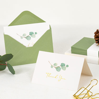 Crisky 100 PK Greenery Thank You Cards with Envelopes Bulk - 5 x 3.5 Inches Gold Greenery Thank You Cards Notes for Wedding, Baby Shower, Bridal Shower, Small Business, Birthday