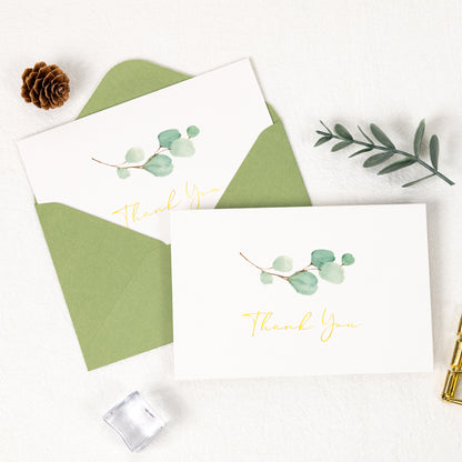 Crisky 100 PK Greenery Thank You Cards with Envelopes Bulk - 5 x 3.5 Inches Gold Greenery Thank You Cards Notes for Wedding, Baby Shower, Bridal Shower, Small Business, Birthday