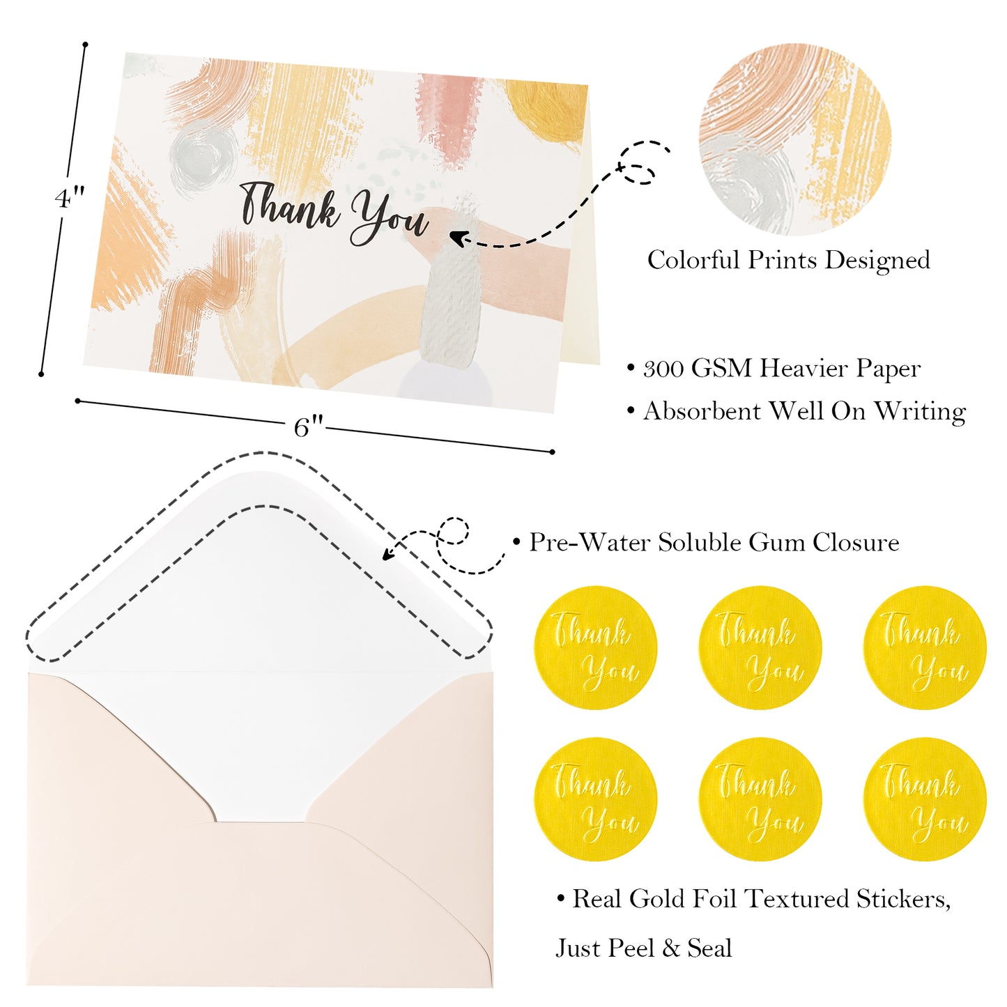 Crisky 50 Pack Morandi Thank You Cards with Envelopes and Stickers Set 4 assorted Greeting Note Cards for Wedding, Baby Shower,Bridal Shower, Graduation, Business