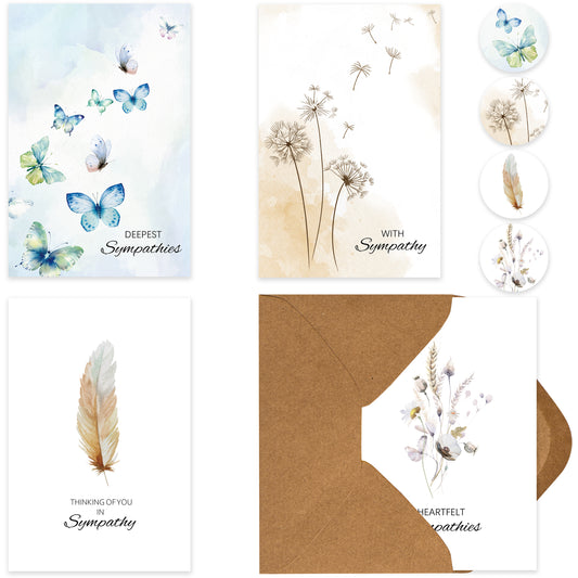 Crisky 25 Pack Watercolor Design Heartfelt Sympathies Condolences Cards with Envelopes & Stickers, 4 Assortment (Funeral Sympathy Cards)