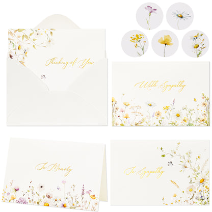 Crisky 12 Pack Watercolor WildFlower Sympathy Cards with Envelopes Boxed 4 Assortment Condolence/Bereavement Cards