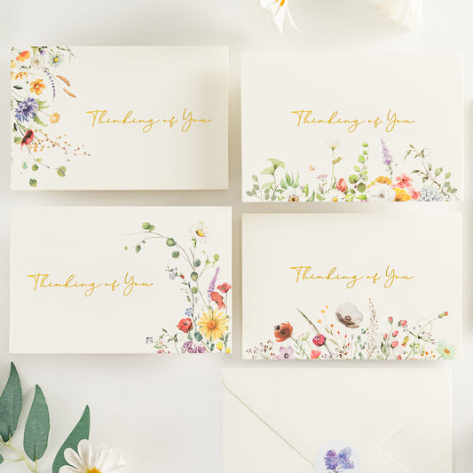Crisky 25 Pack Wildflower Gold Foil Thinking of You Greeting Cards with Envelopes Boxed 4 Assortment Encouragement Cards to Send to Close Friends, Relative or Loved Ones