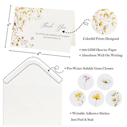 Crisky 25 Pack Funeral Thank You Cards with Envelopes, Stickers & Message Inside Watercolor Wildflowers Bereavement Sympathy Cards for Funeral Family Friends Boxed 5 Assortment