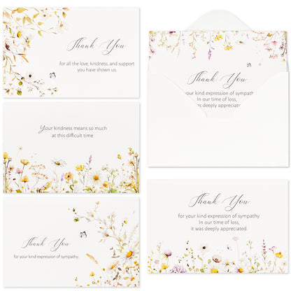 Crisky 50 Pack Funeral Thank You Cards with Envelopes, Stickers & Message Inside Watercolor Wildflowers Bereavement Sympathy Cards for Funeral Family Friends Boxed 5 Assortment