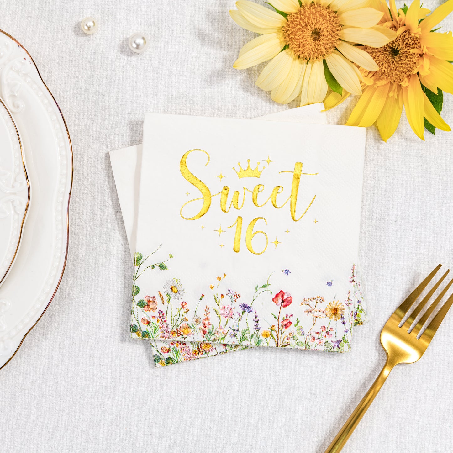 Crisky Floral Gold Sweet 16 Birthday Napkins - Gold Foil Paper Disposable Napkins for Girl's 16th Birthday Party Decoration, 3-Ply, 50 Counts
