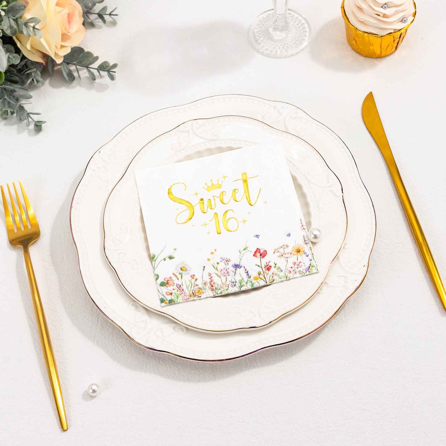 Crisky Floral Gold Sweet 16 Birthday Napkins - Gold Foil Paper Disposable Napkins for Girl's 16th Birthday Party Decoration, 3-Ply, 50 Counts