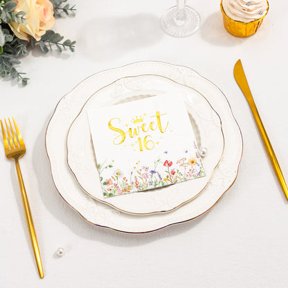 Crisky Floral Gold Sweet 16 Birthday Napkins - Gold Foil Paper Disposable Napkins for Girl's 16th Birthday Party Decoration, 3-Ply, 50 Counts