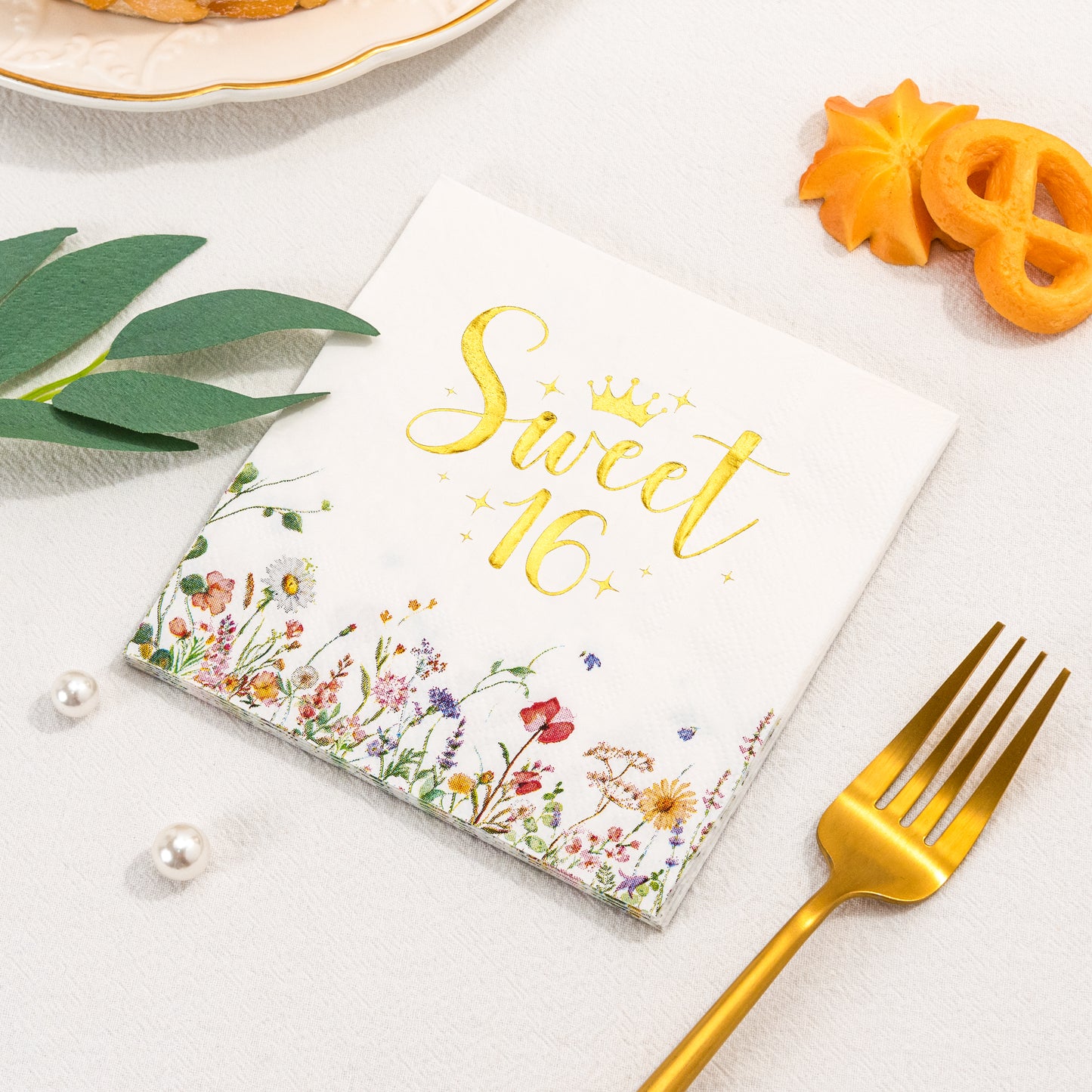 Crisky Floral Gold Sweet 16 Birthday Napkins - Gold Foil Paper Disposable Napkins for Girl's 16th Birthday Party Decoration, 3-Ply, 50 Counts