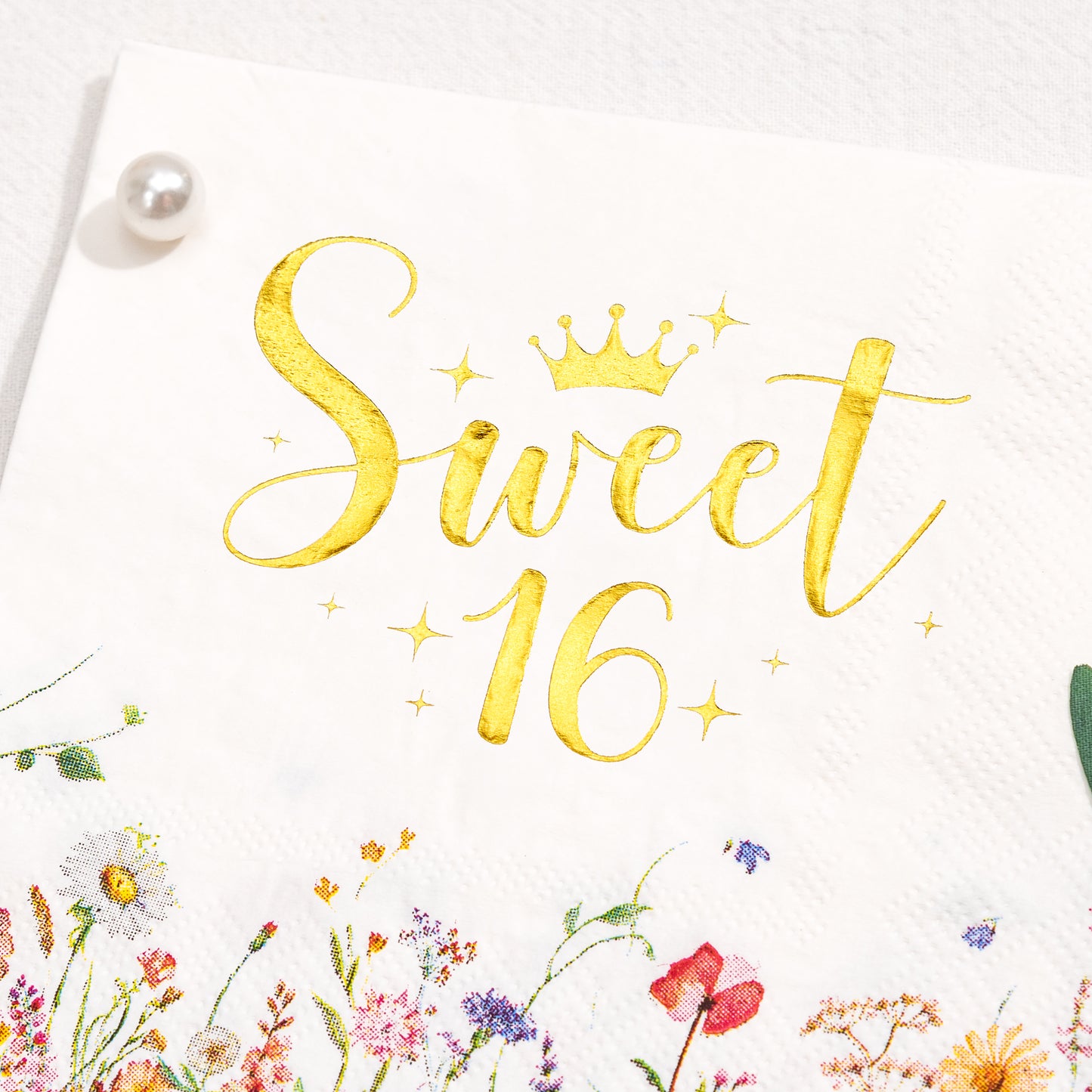 Crisky Floral Gold Sweet 16 Birthday Napkins - Gold Foil Paper Disposable Napkins for Girl's 16th Birthday Party Decoration, 3-Ply, 50 Counts
