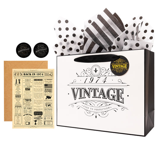 Crisky 50th Birthday Gift Wrap Bag Vintage 1974 with Greeting Card Matching Envelope Sticker and Tissue Paper for Women/Men/Wife/Husband/Mom/Dad, 13" x 10" x 5"