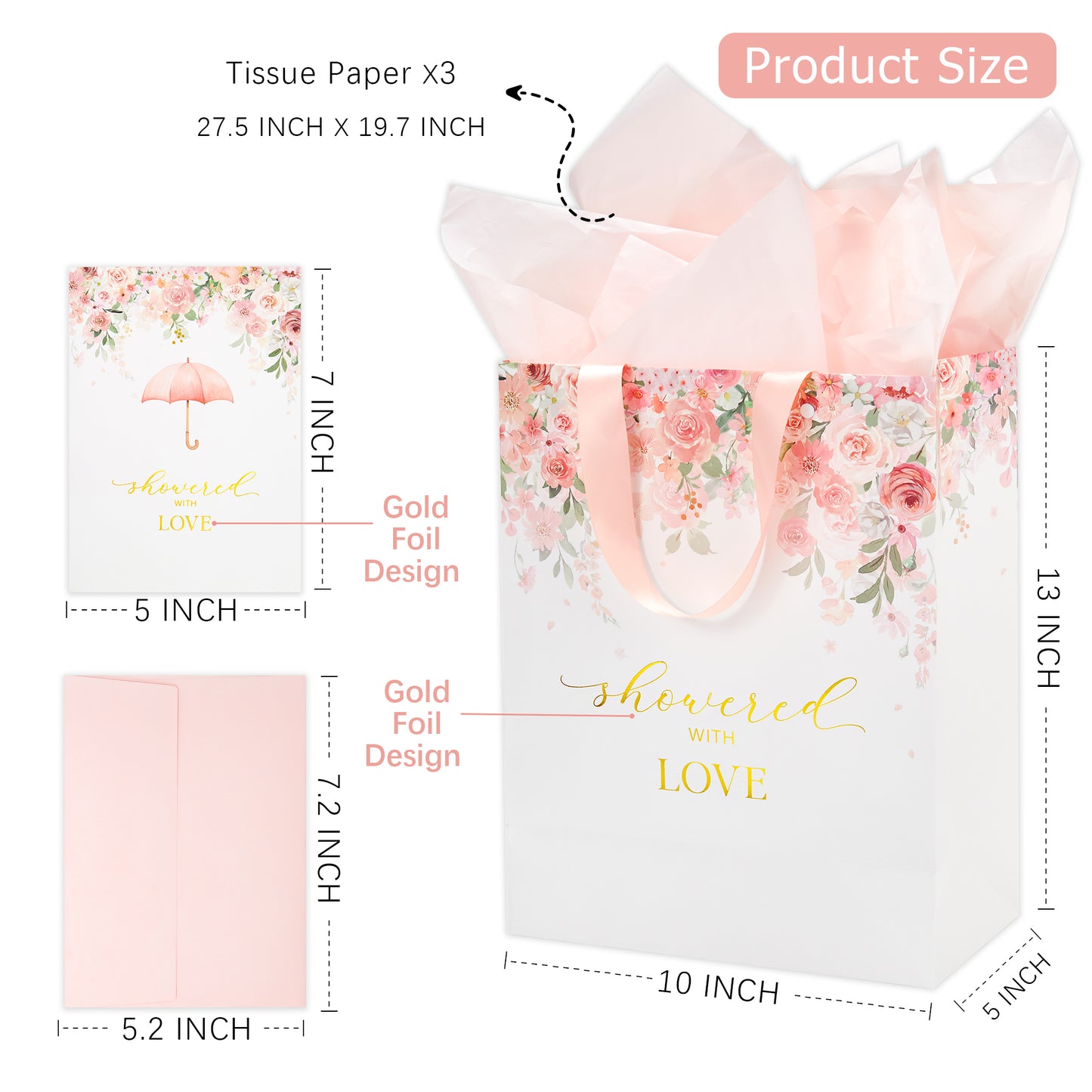 Crisky 13" Large Bridal Shower Bag with Bridal Shower Card Flower (Showered with Love) Gift Bag with Tissue Paper, Gift Card for Wedding, Bridal Shower, Engagement Party