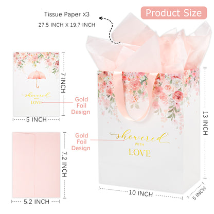 Crisky 13" Large Bridal Shower Bag with Bridal Shower Card Flower (Showered with Love) Gift Bag with Tissue Paper, Gift Card for Wedding, Bridal Shower, Engagement Party