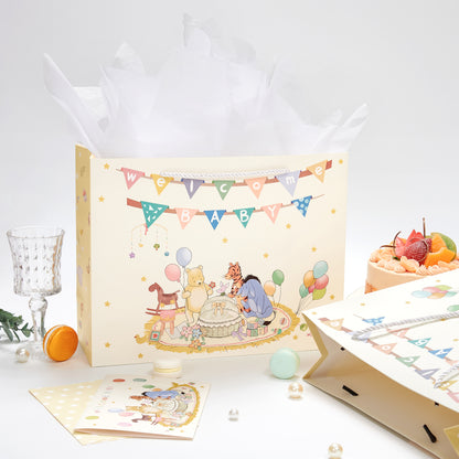 Crisky 13" Large Baby Gift Bag with Tissue Paper and Card for Baby Shower Gender Reveal Parties (Little Bear Animal Design)