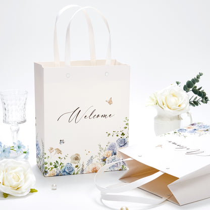Crisky Blue Flower Welcome Bags for Wedding Hotel Guests, 25 pcs Candy Buffet Bags, Wedding Gift Bridal Baby Shower Favor Bags, 10"x8"x4"