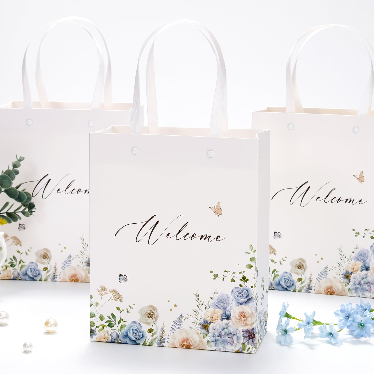 Crisky Blue Flower Welcome Bags for Wedding Hotel Guests, 25 pcs Candy Buffet Bags, Wedding Gift Bridal Baby Shower Favor Bags, 10"x8"x4"